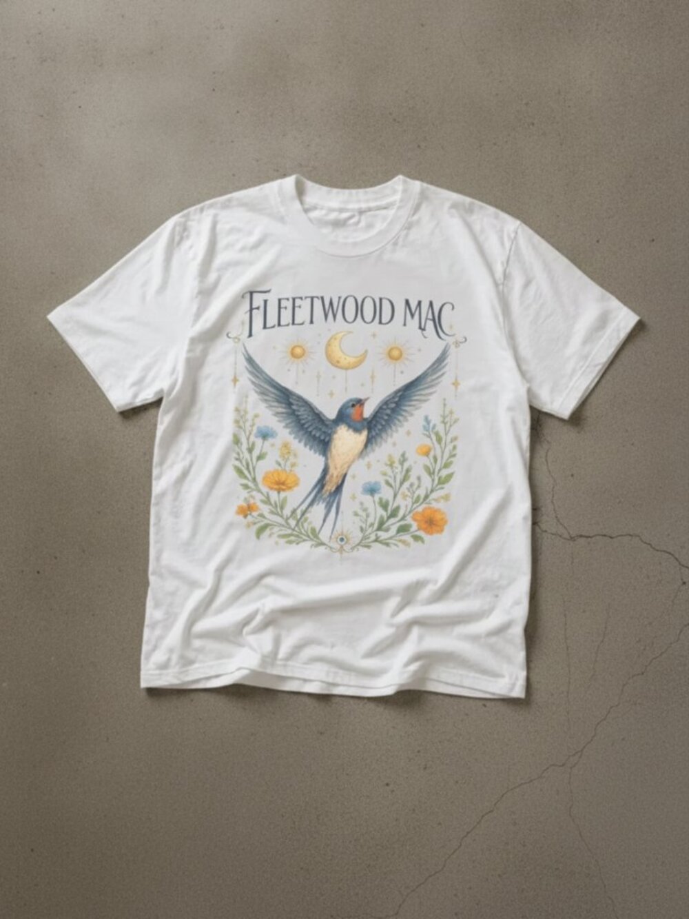 Fleetwood Mac Graphic T-Shirt White Vintage Music Band Tee Floral Bird Design